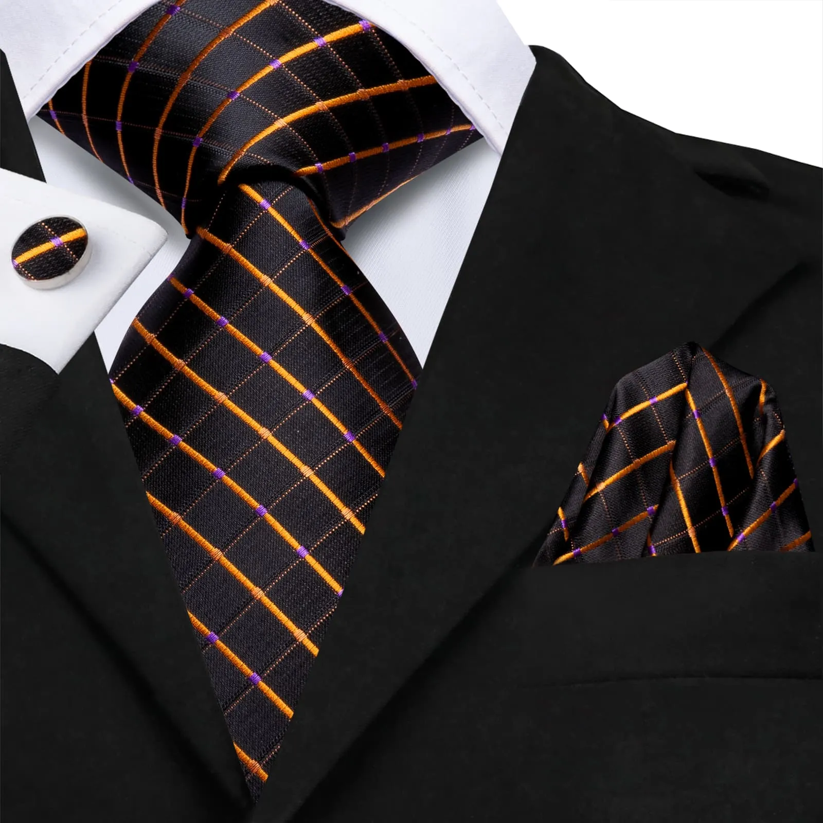 Hi-Tie Men's Black Tie Checkered Gold Lines Tie Hanky Cufflinks Set