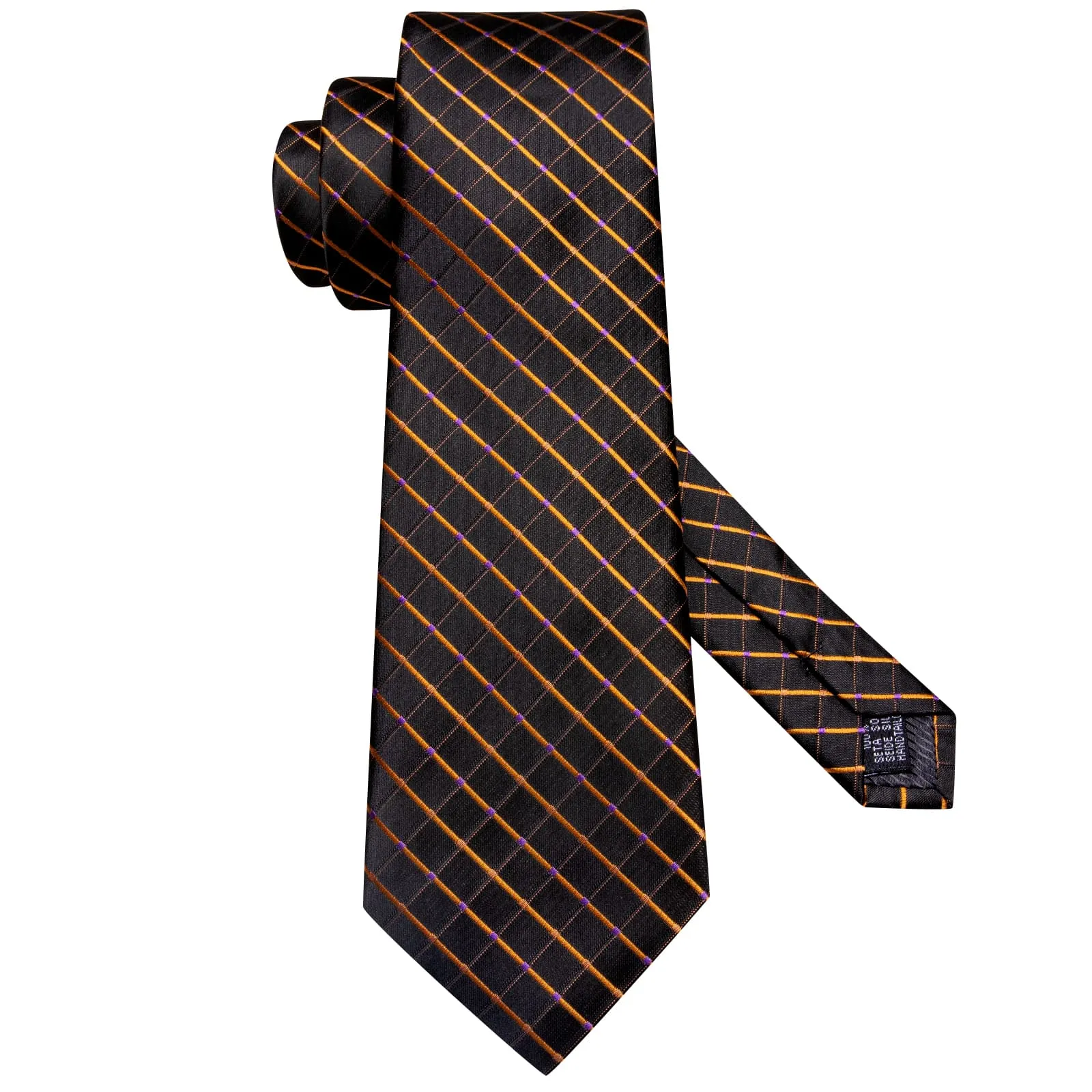 Hi-Tie Men's Black Tie Checkered Gold Lines Tie Hanky Cufflinks Set