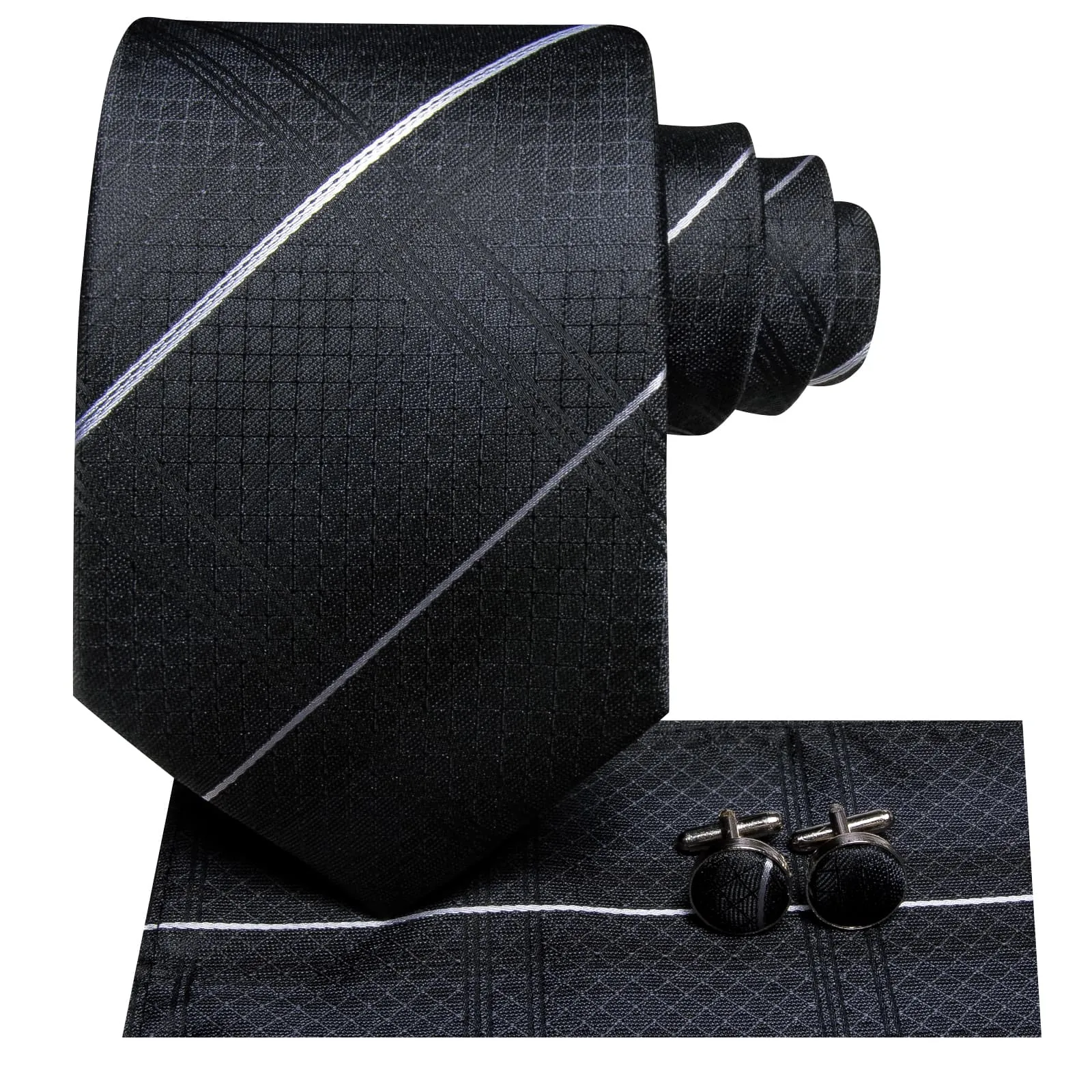 Hi-Tie Men's Black Ties White Striped Tie Pocket Square Cufflinks Set