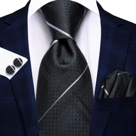 Hi-Tie Men's Black Ties White Striped Tie Pocket Square Cufflinks Set