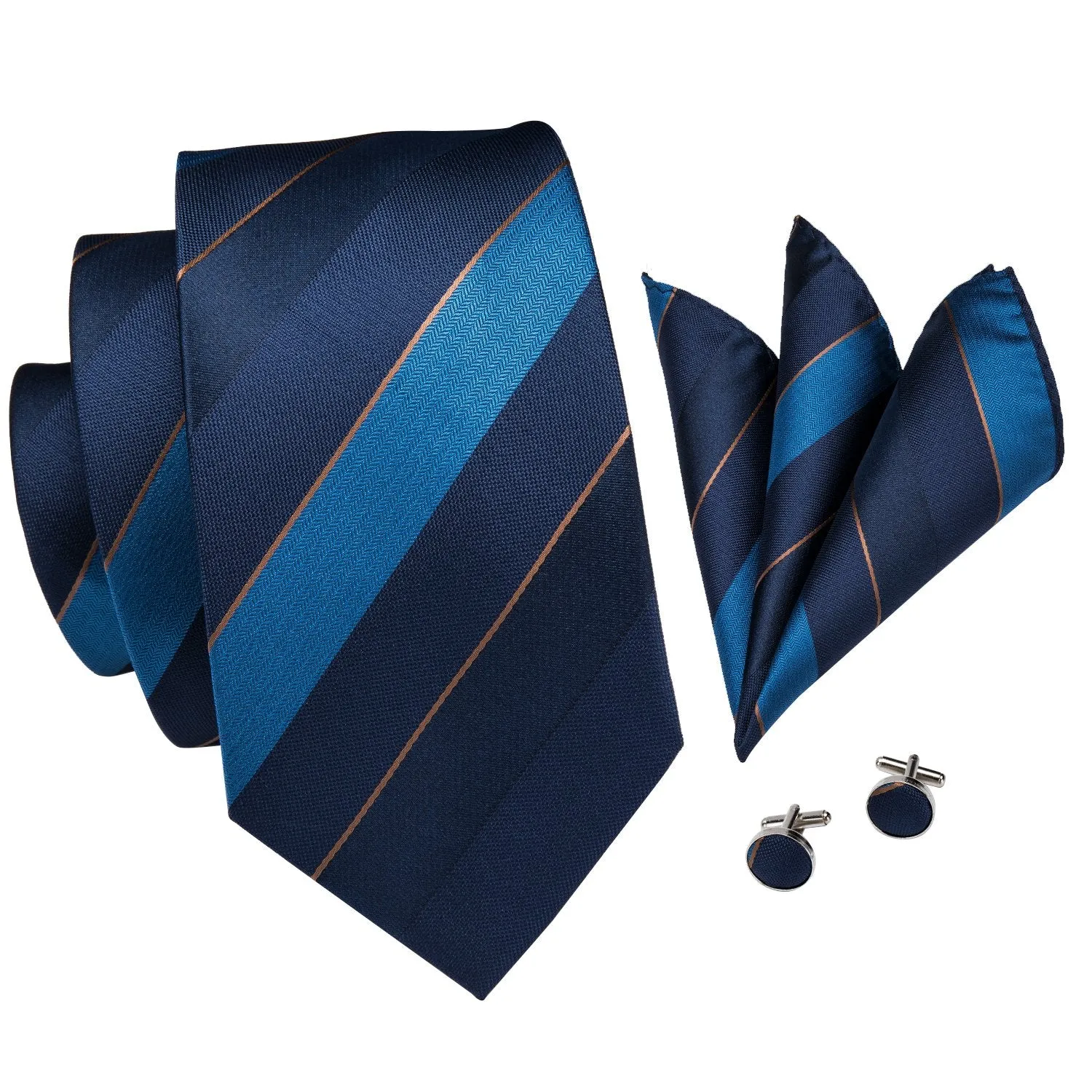 Hi-Tie Men's Blue Tie Striped Necktie Pocket Square Cufflinks Set