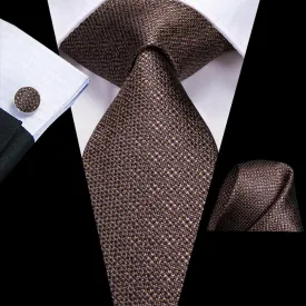 Hi-Tie Men's Dark Brown Necktie Solid Tie Pocket Square Cufflinks Set