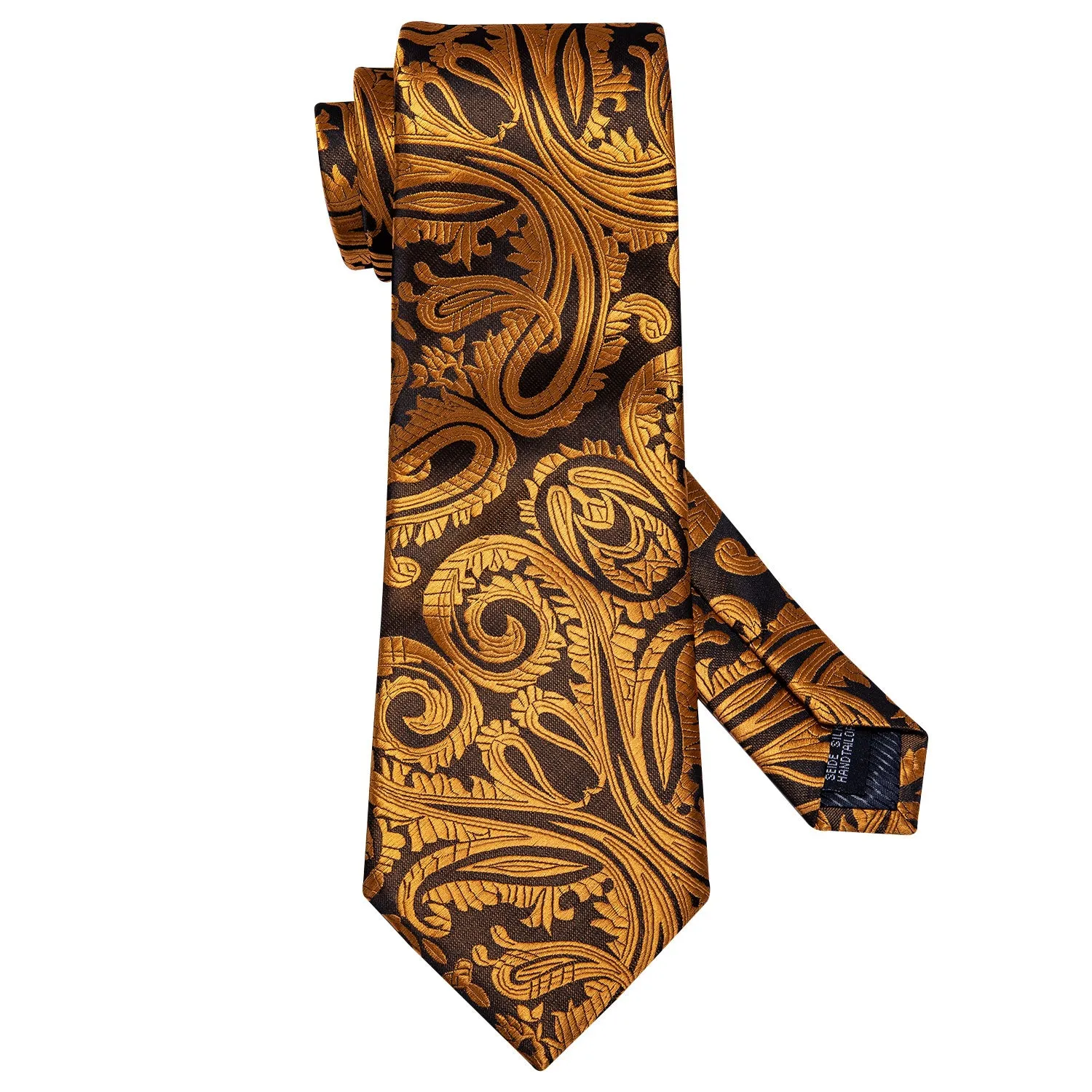 Hi-Tie Men's Necktie Gold Paisley Tie Handkerchief Cufflinks Set