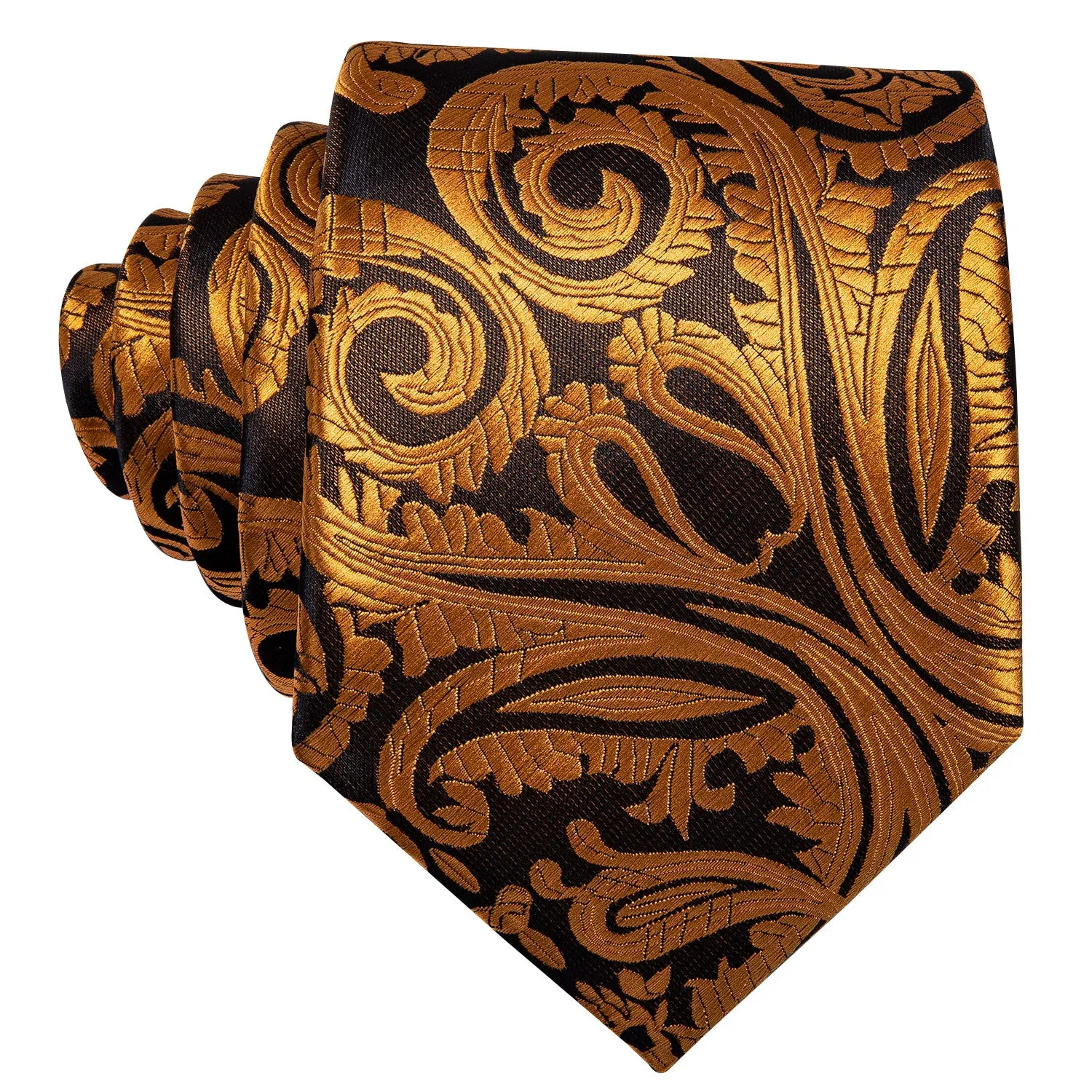 Hi-Tie Men's Necktie Gold Paisley Tie Handkerchief Cufflinks Set