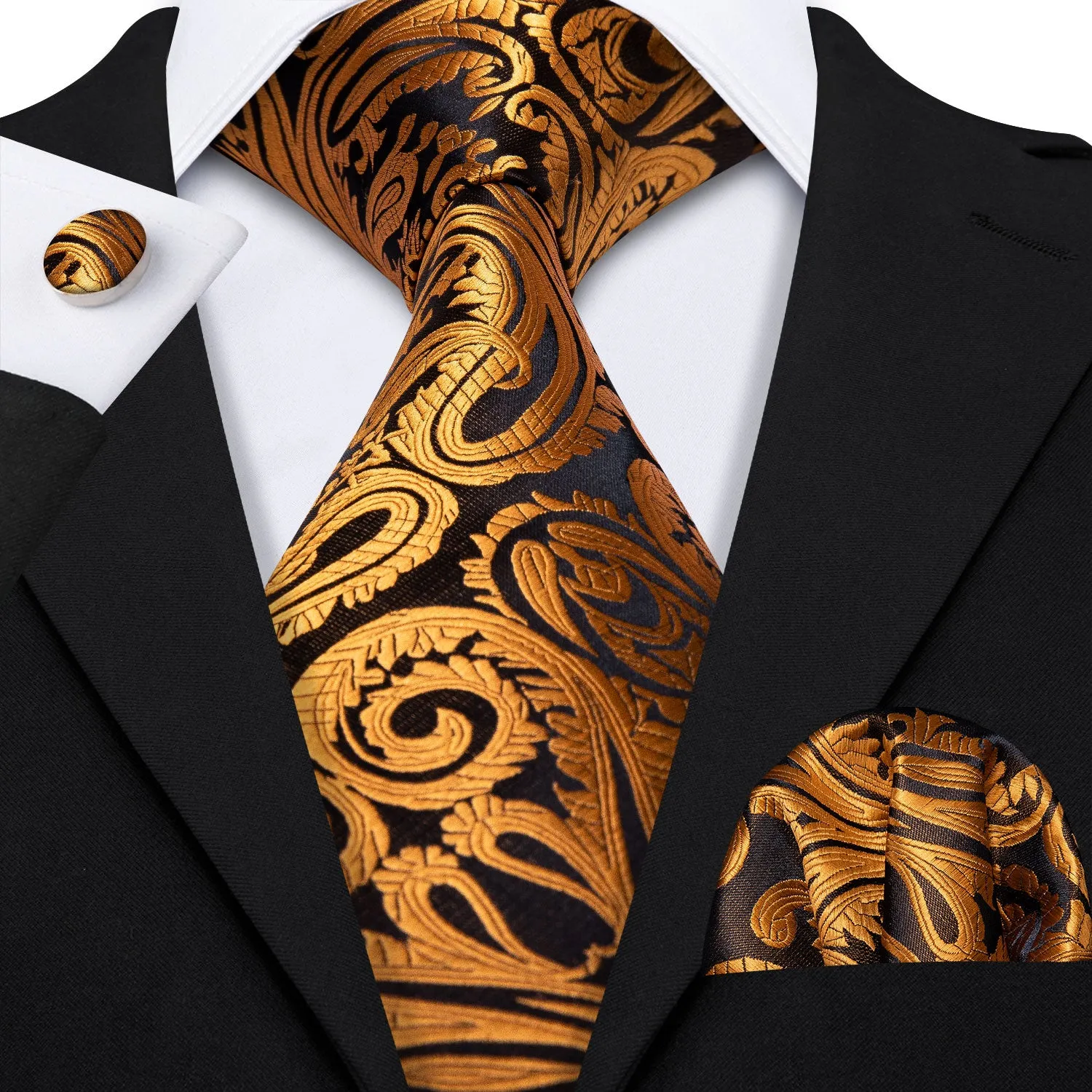 Hi-Tie Men's Necktie Gold Paisley Tie Handkerchief Cufflinks Set