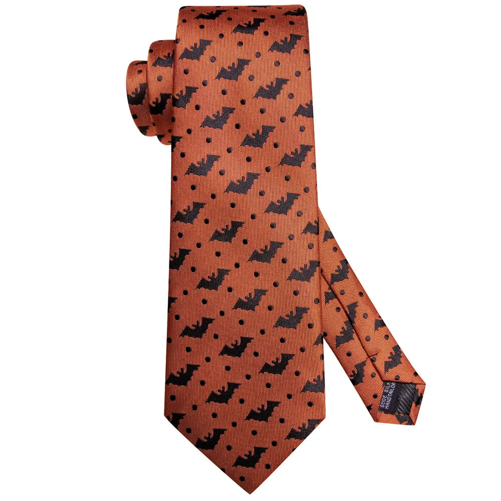 Hi-Tie Orange Black Bat Necktie Pocket Square Cufflinks Set