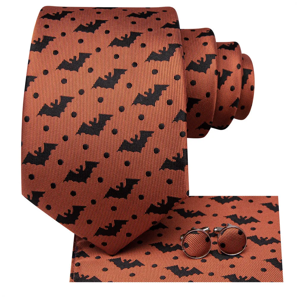 Hi-Tie Orange Black Bat Necktie Pocket Square Cufflinks Set