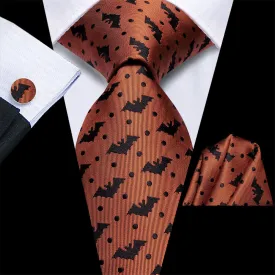 Hi-Tie Orange Black Bat Necktie Pocket Square Cufflinks Set