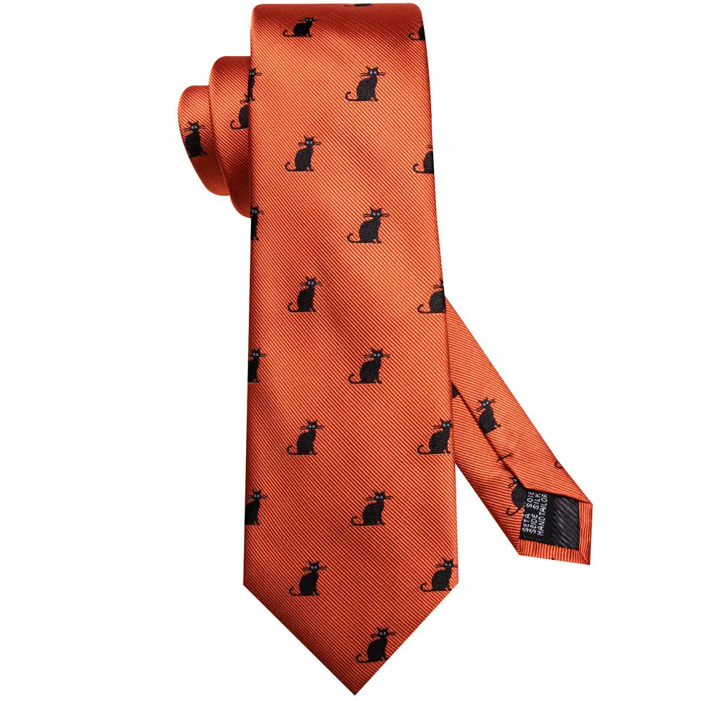 Hi-Tie Orange Black Cat Necktie Pocket Square Cufflinks Set