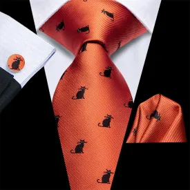 Hi-Tie Orange Black Cat Necktie Pocket Square Cufflinks Set