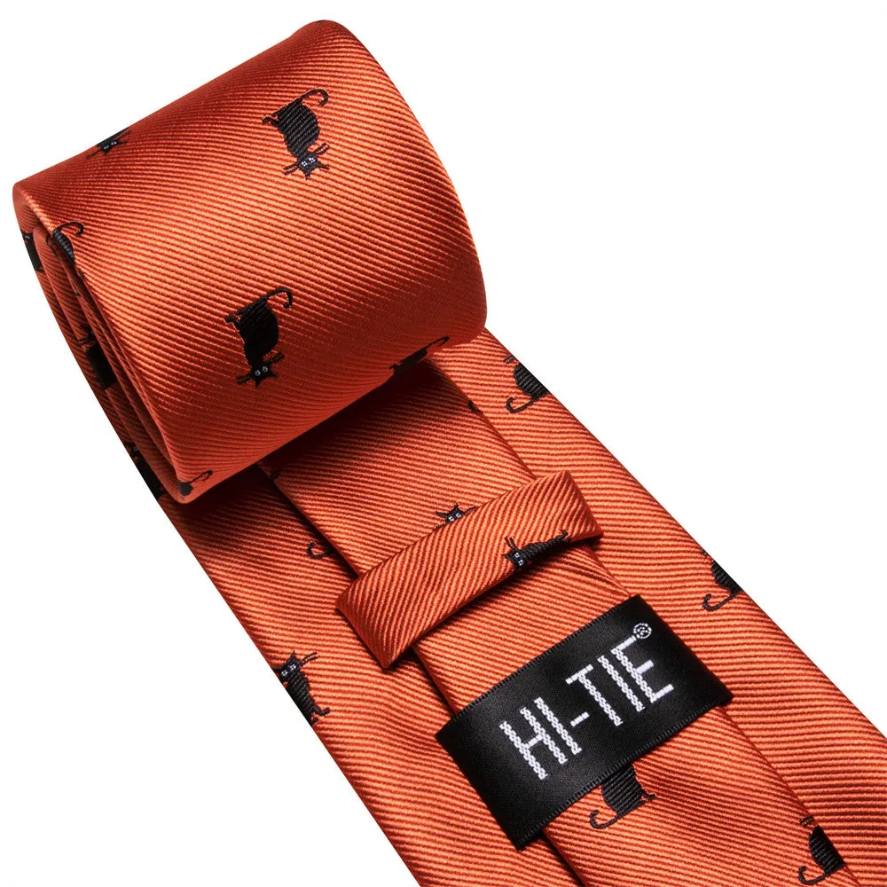 Hi-Tie Orange Black Cat Necktie Pocket Square Cufflinks Set