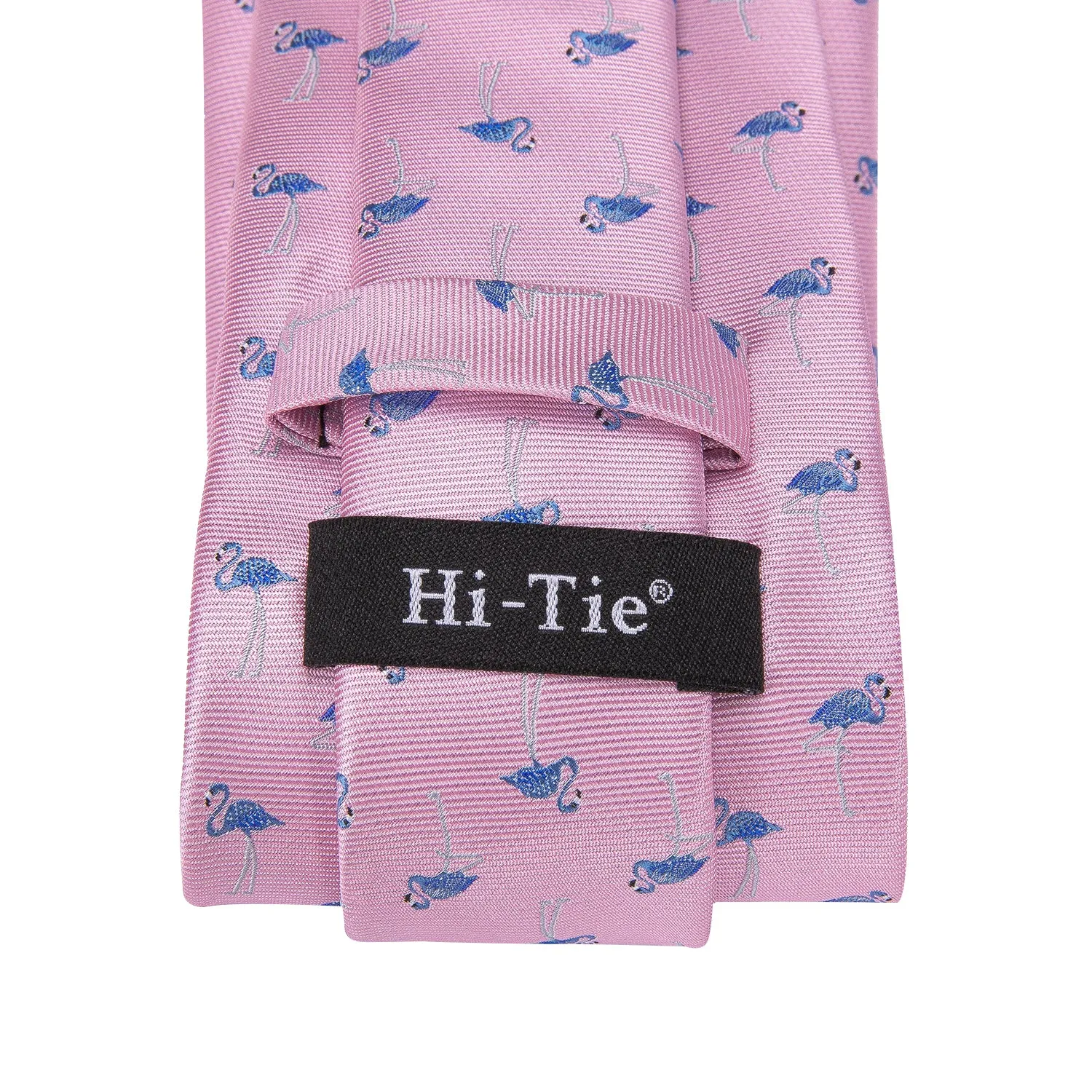 Hi-Tie Pink Men's Tie Blue Flamingo Tie Pocket Square Cufflinks Set