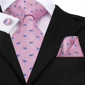 Hi-Tie Pink Men's Tie Blue Flamingo Tie Pocket Square Cufflinks Set