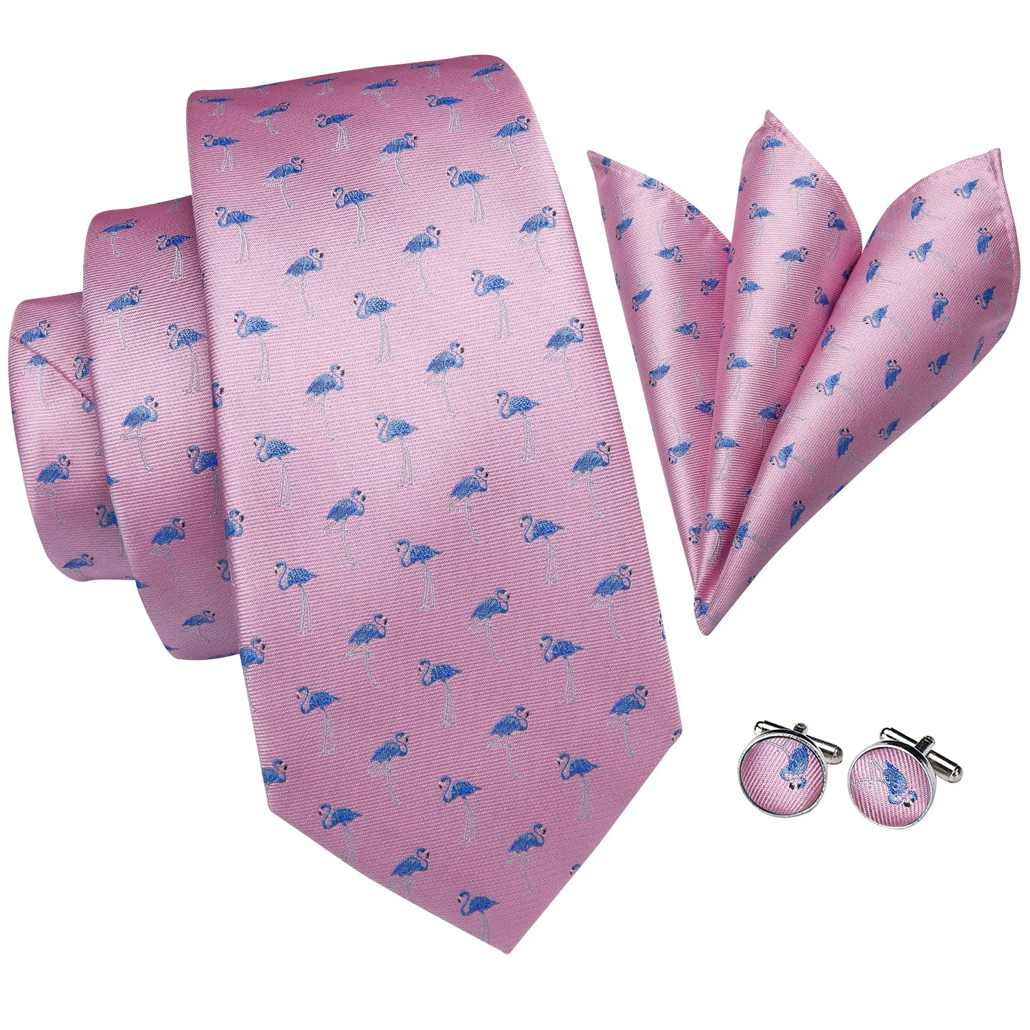 Hi-Tie Pink Men's Tie Blue Flamingo Tie Pocket Square Cufflinks Set