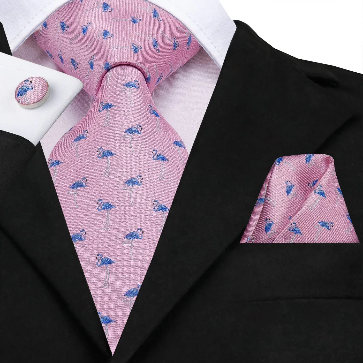 Hi-Tie Pink Men's Tie Blue Flamingo Tie Pocket Square Cufflinks Set