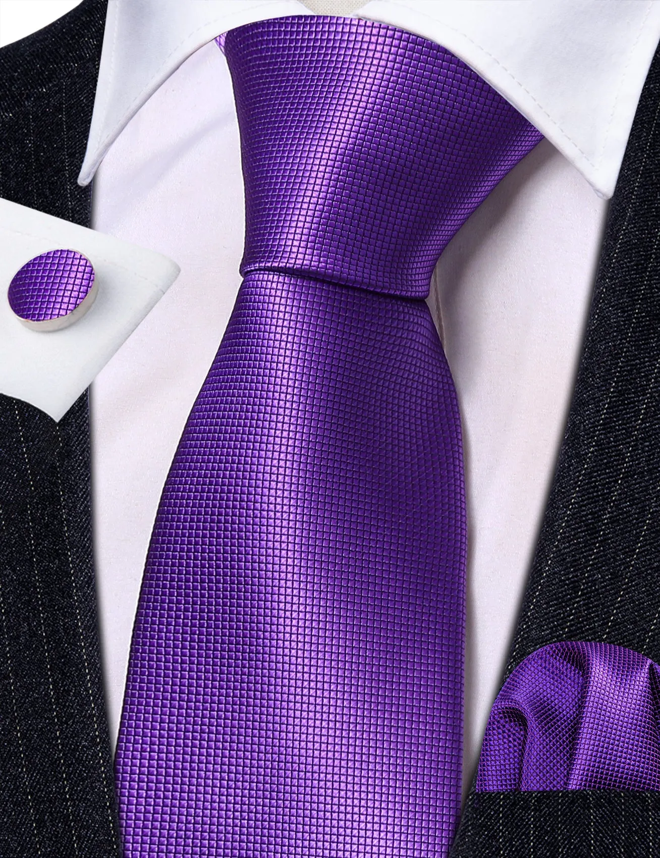 Hi-Tie Plum Purple Necktie Men's Solid Tie Handkerchief Cufflinks Set