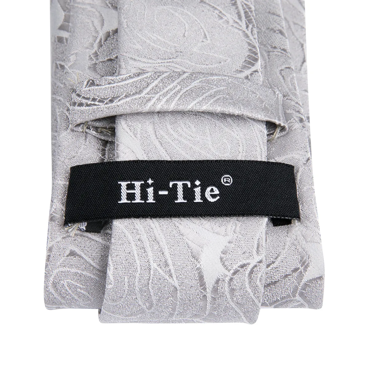 Hi-Tie Roses Floral Necktie White Grey Tie Pocket Square Cufflinks Set