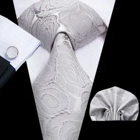 Hi-Tie Roses Floral Necktie White Grey Tie Pocket Square Cufflinks Set