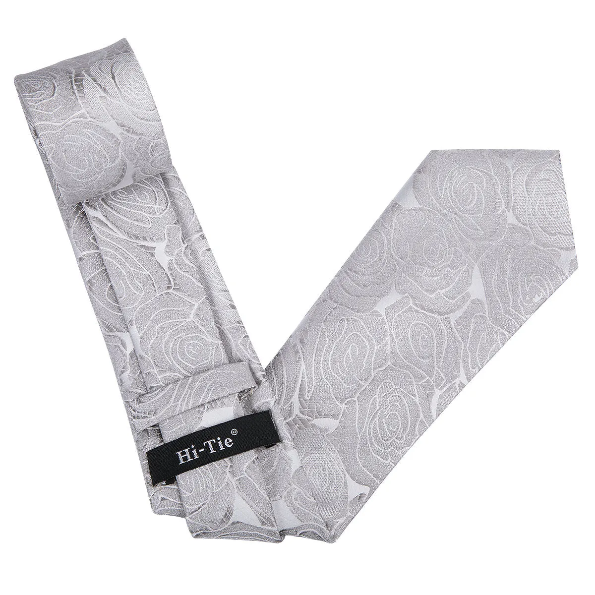 Hi-Tie Roses Floral Necktie White Grey Tie Pocket Square Cufflinks Set