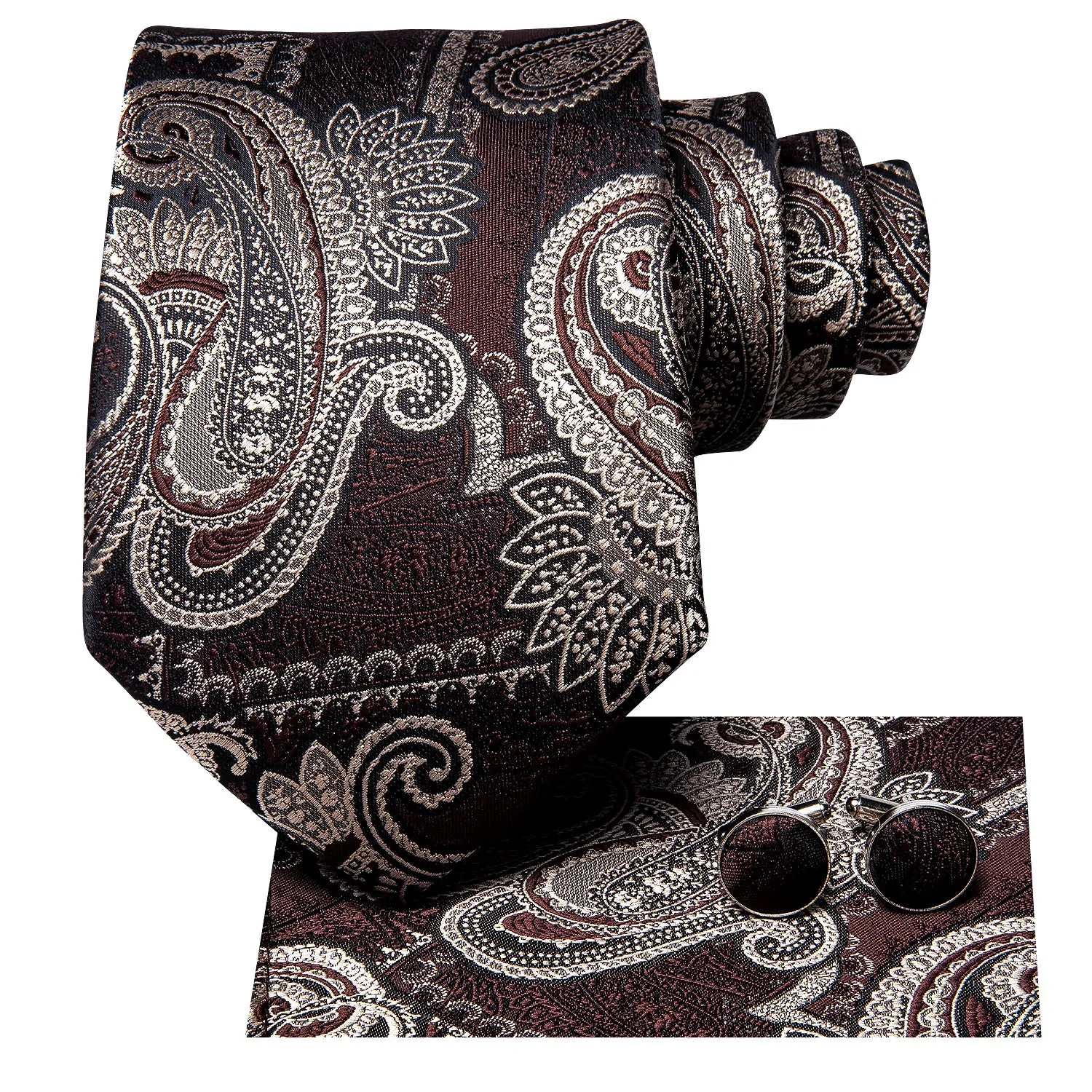 Hi-Tie Rosy Brown Necktie Beige Paisley Men's Tie Hanky Cufflinks Set