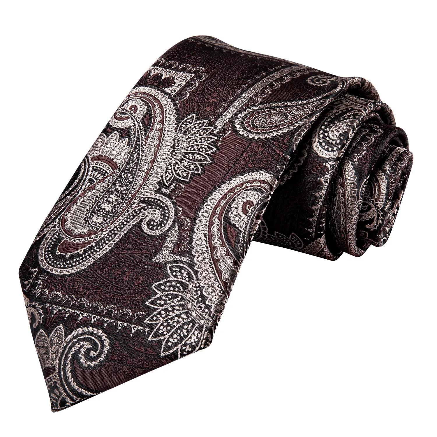 Hi-Tie Rosy Brown Necktie Beige Paisley Men's Tie Hanky Cufflinks Set