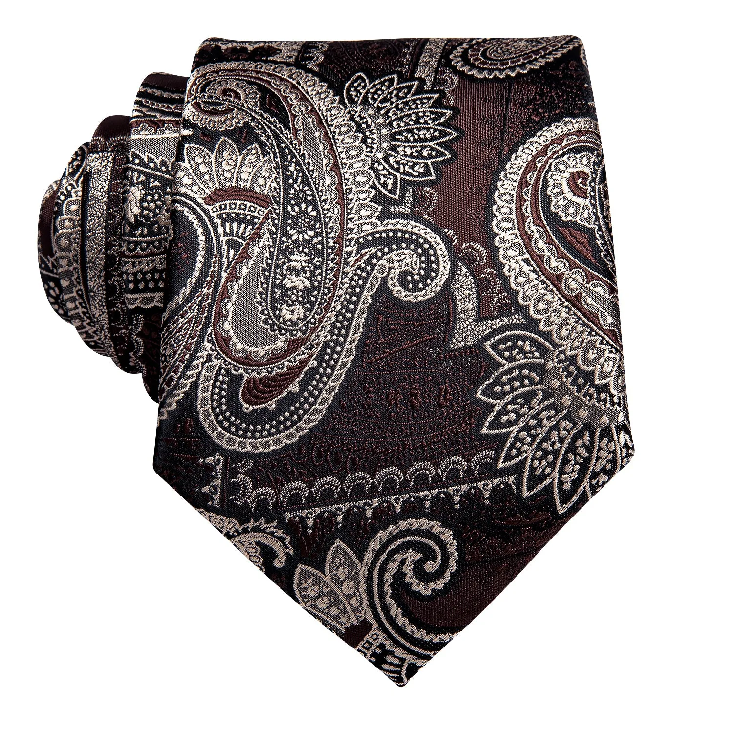 Hi-Tie Rosy Brown Necktie Beige Paisley Men's Tie Hanky Cufflinks Set