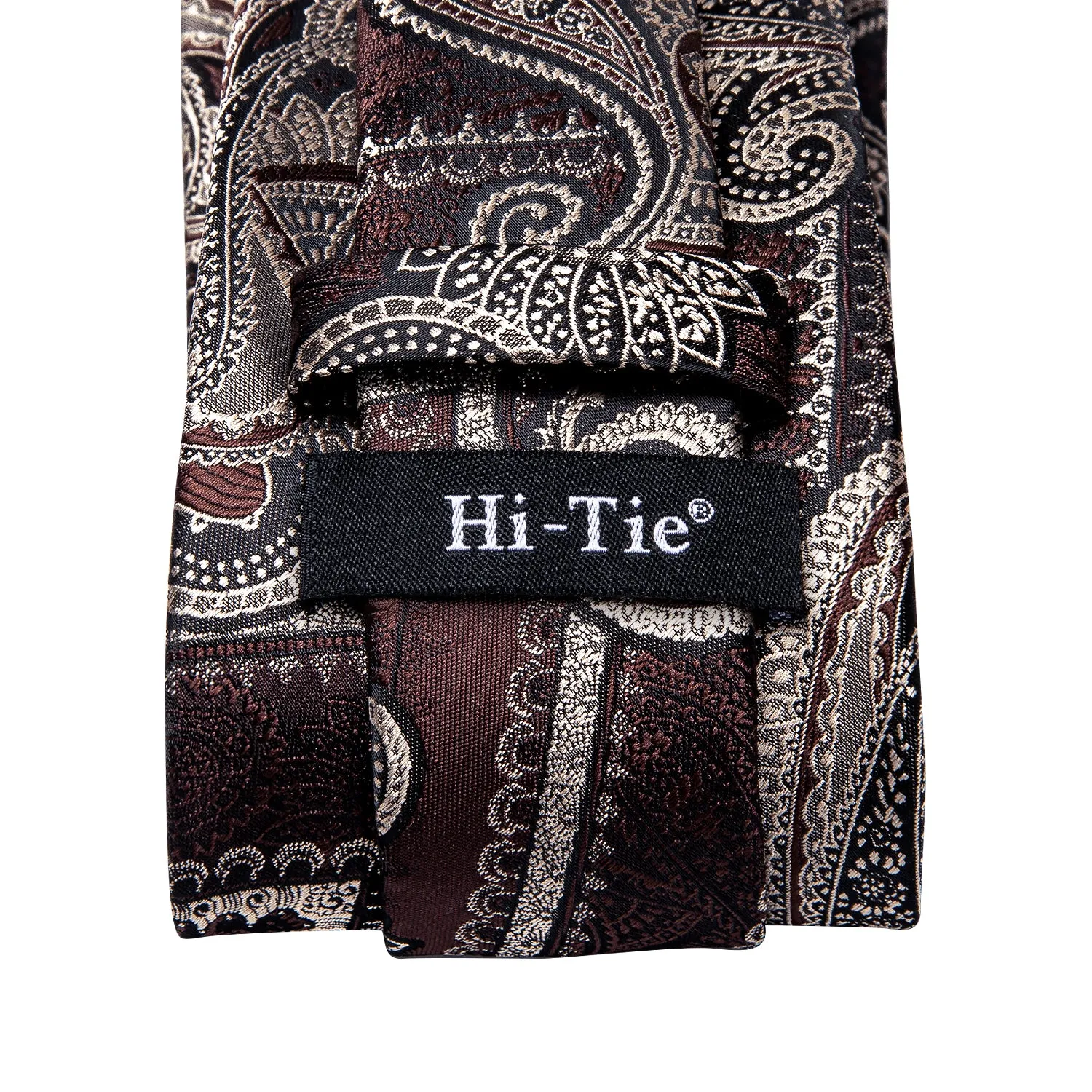 Hi-Tie Rosy Brown Necktie Beige Paisley Men's Tie Hanky Cufflinks Set