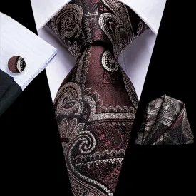 Hi-Tie Rosy Brown Necktie Beige Paisley Men's Tie Hanky Cufflinks Set