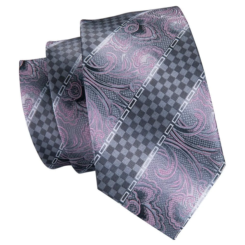 Hi-Tie Silver Tie Grey Pink Novelty Silk Men's Tie Hanky Cufflinks Set