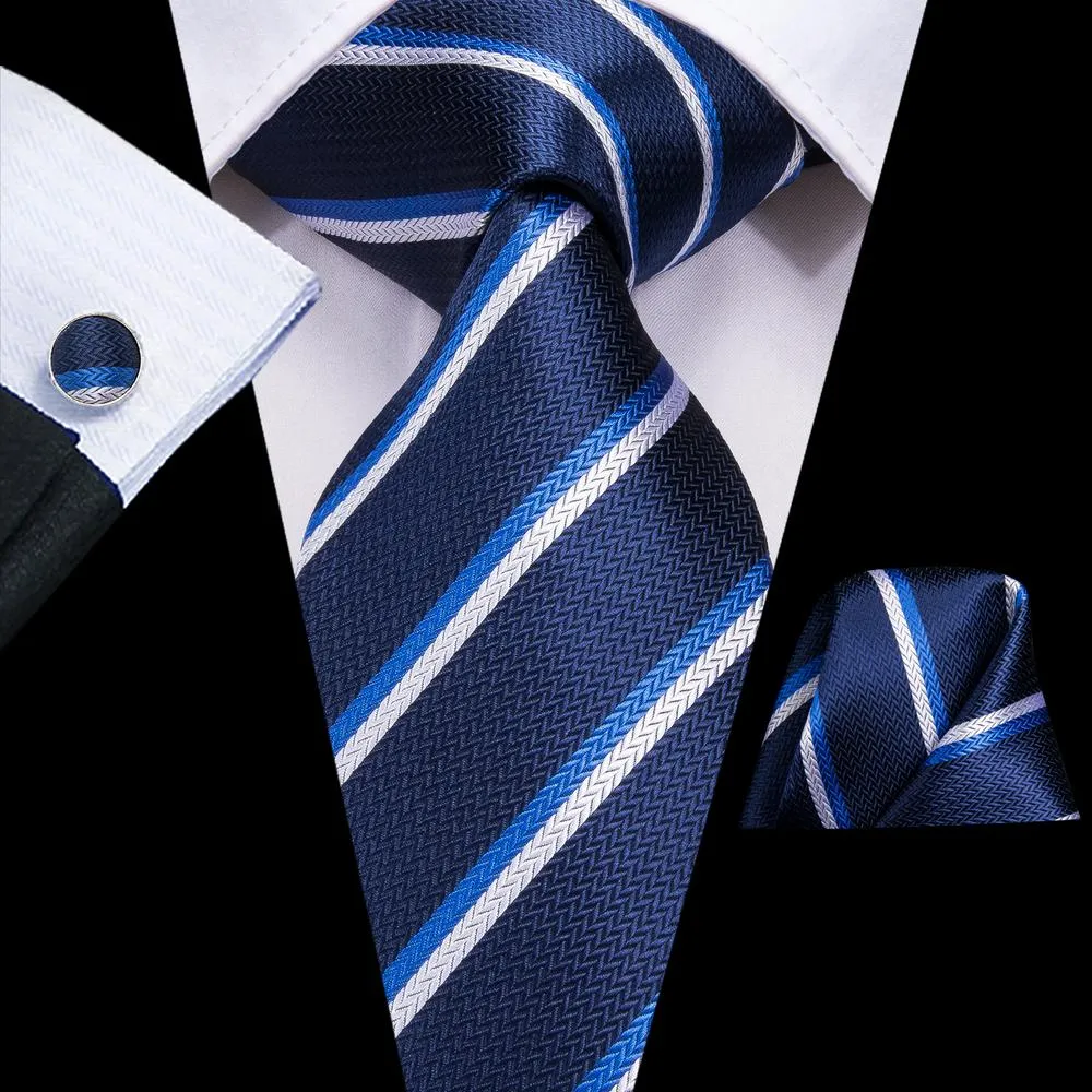 Hi-Tie Striped Necktie Royal Blue Necktie Pocket Square Cufflinks Set