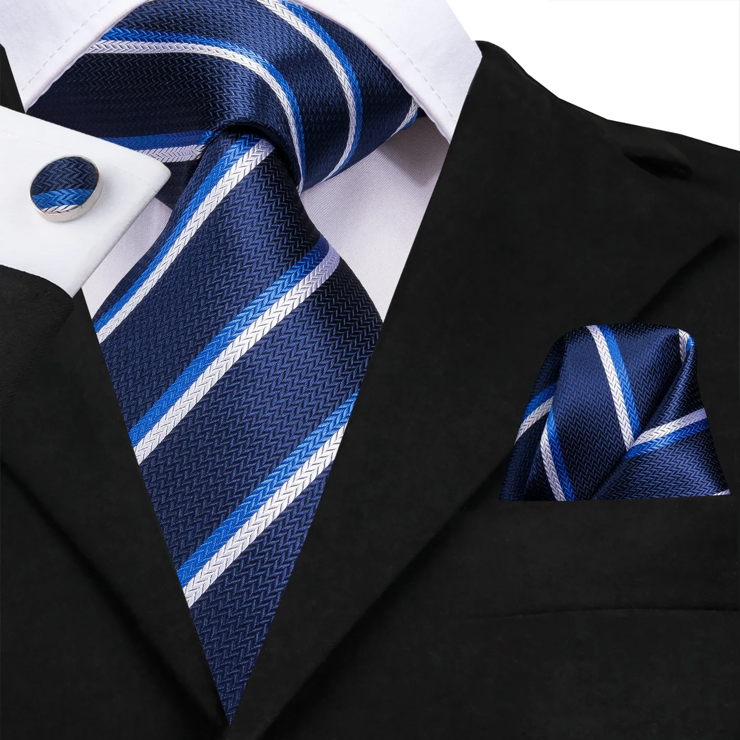 Hi-Tie Striped Necktie Royal Blue Necktie Pocket Square Cufflinks Set