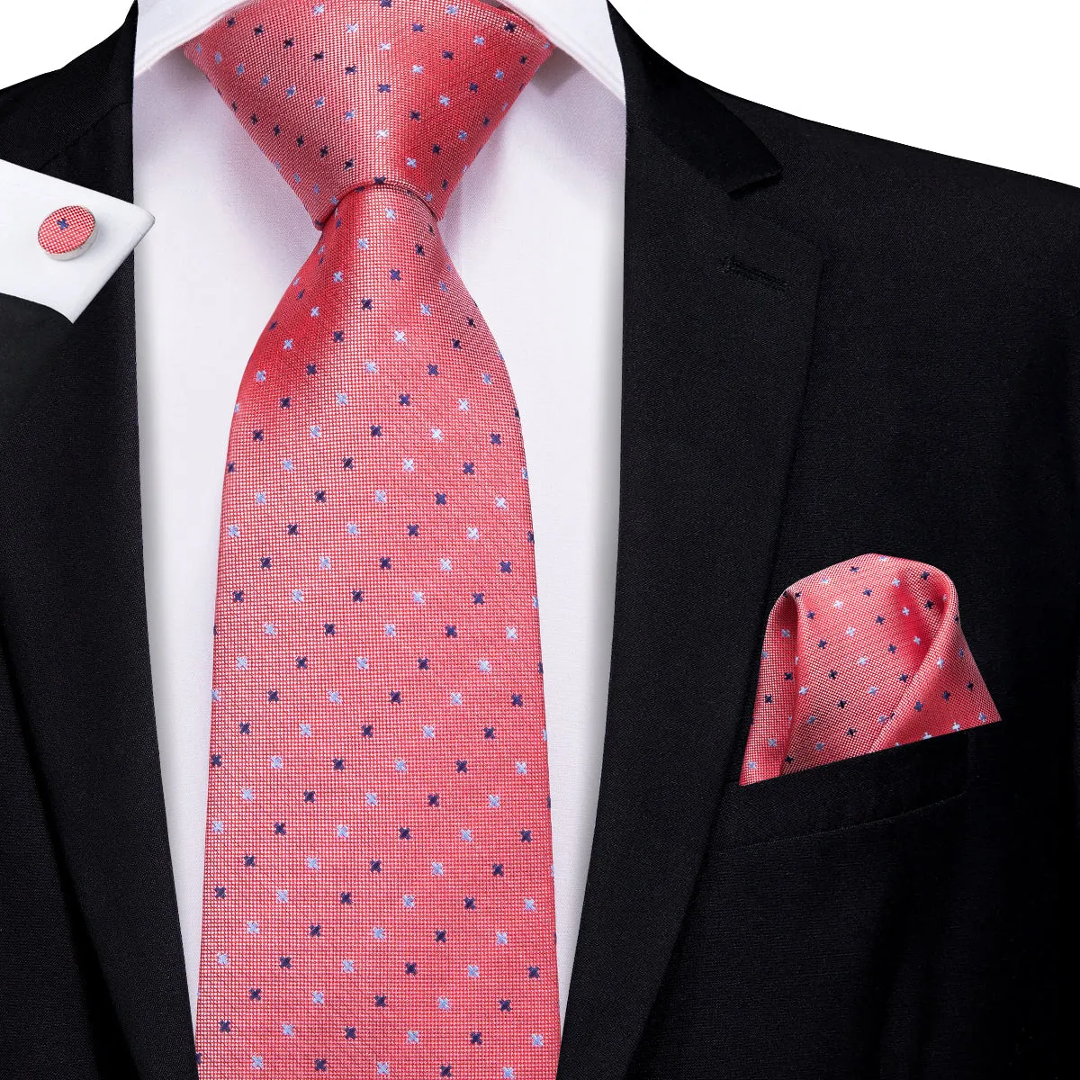 Hi-Tie Watermelon Red Polka Dot Men's Tie Pocket Square Cufflinks Set