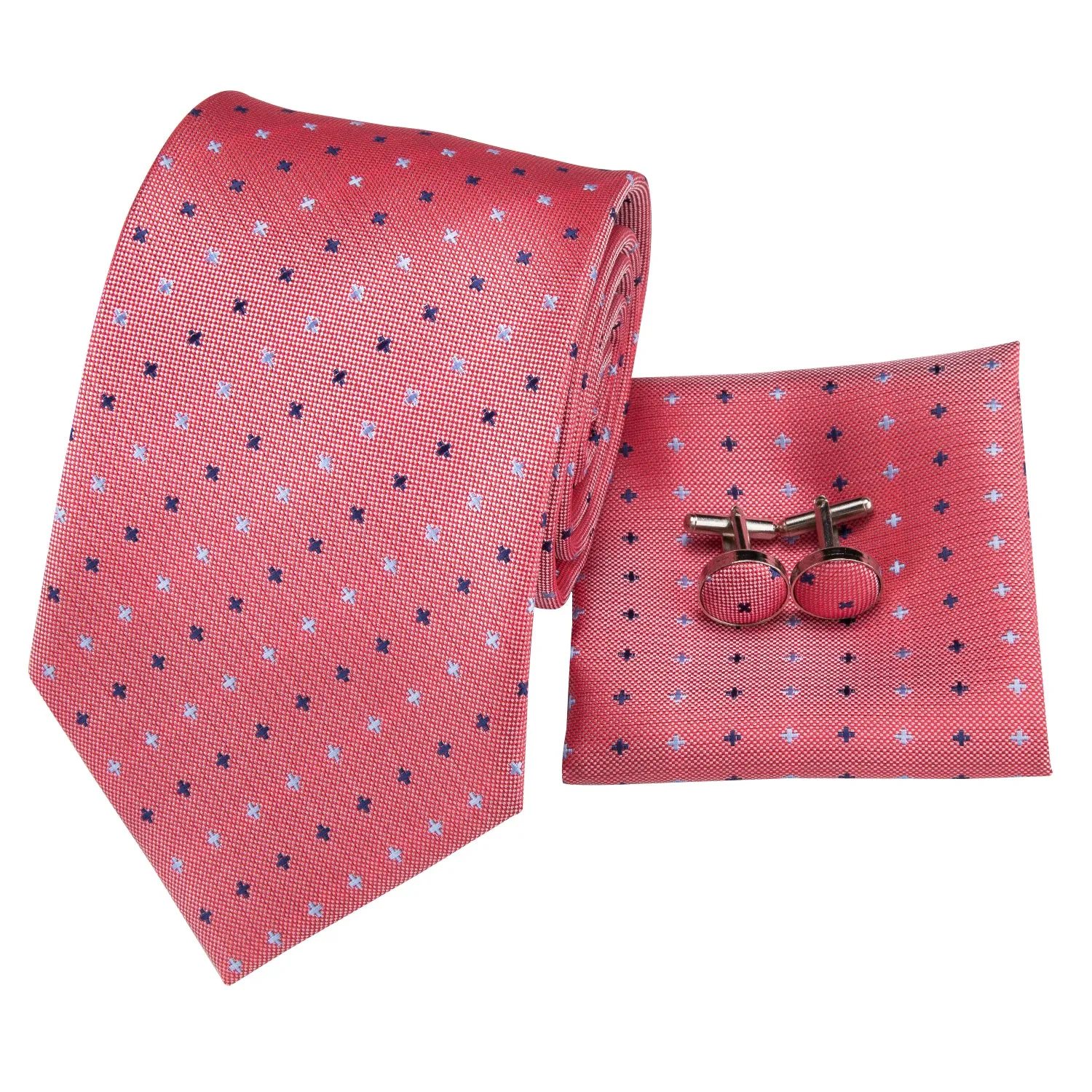 Hi-Tie Watermelon Red Polka Dot Men's Tie Pocket Square Cufflinks Set