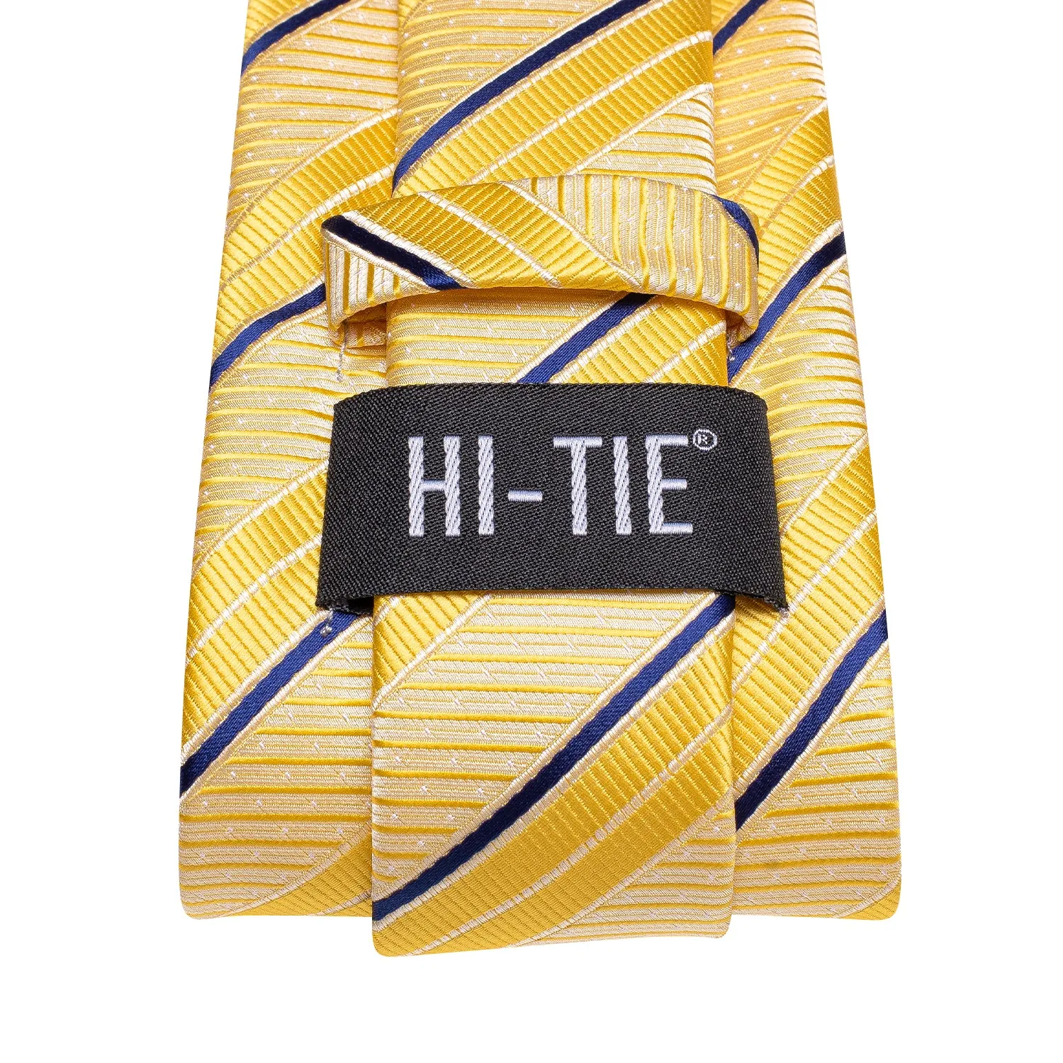 Hi-Tie Yellow Necktie Blue Stripes Men Tie Pocket Square Cufflinks Set