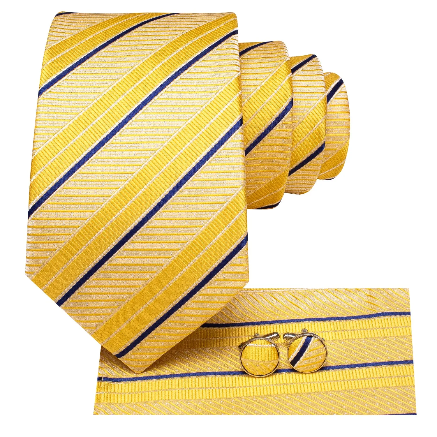 Hi-Tie Yellow Necktie Blue Stripes Men Tie Pocket Square Cufflinks Set