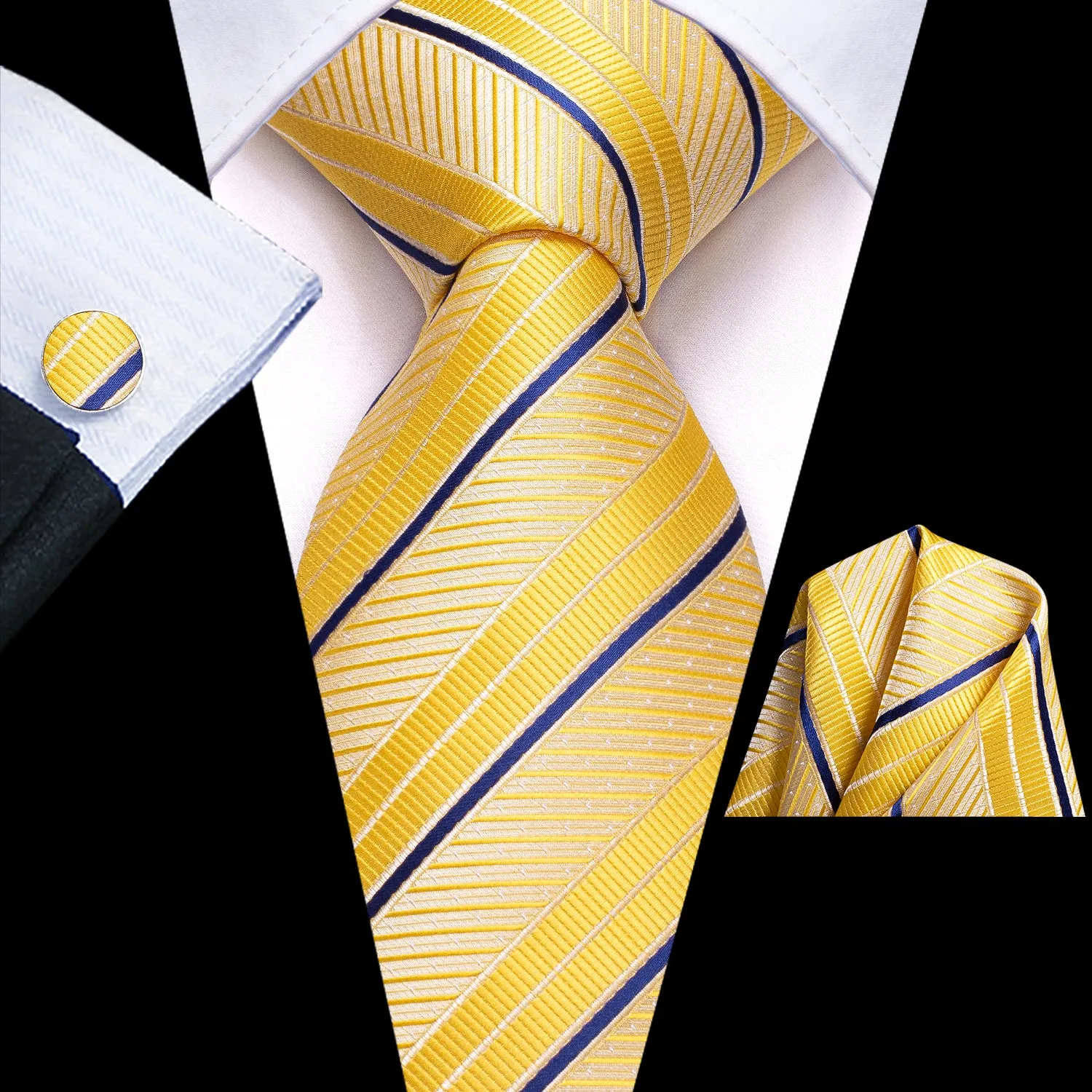 Hi-Tie Yellow Necktie Blue Stripes Men Tie Pocket Square Cufflinks Set