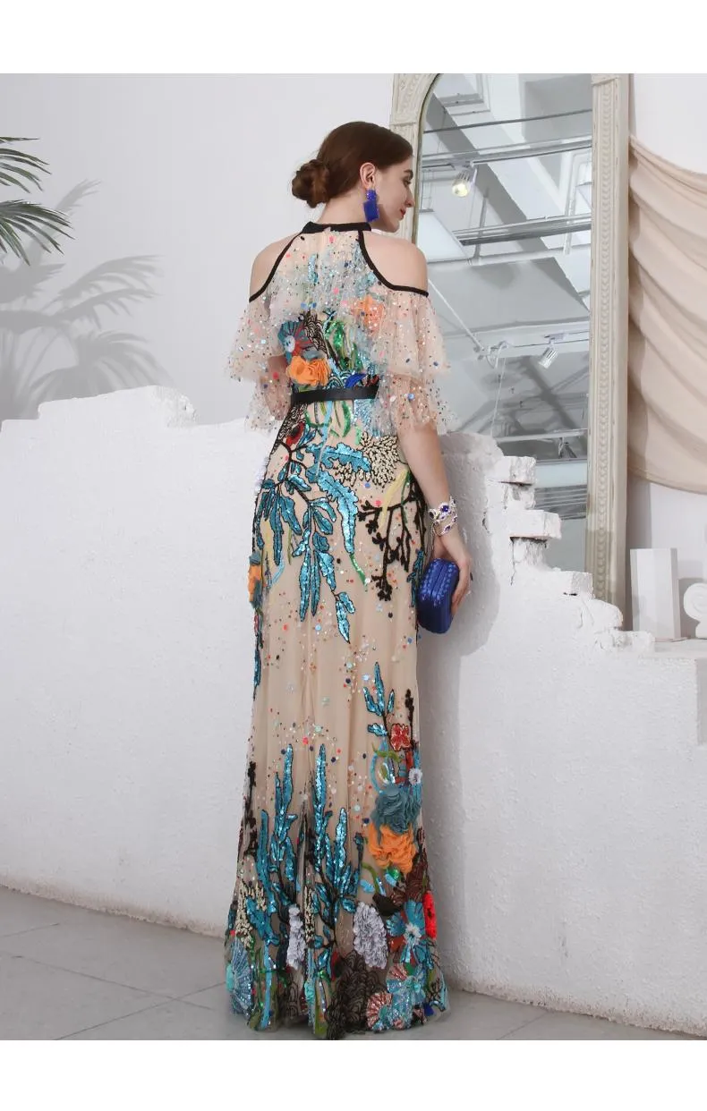 High-end Limited edition hand crafted custom-made colored sequins one of a kind mother of the bride wedding evening gown - Elowen