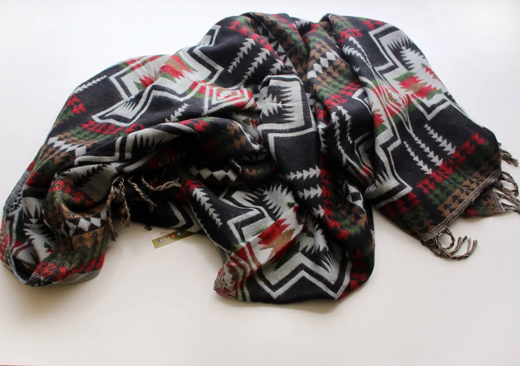 Himalayan Yak Wool Shawl in Black, Red and Green Check Pattern From Nepal