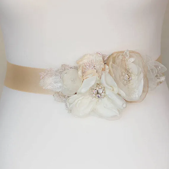 Ivory  Floral Bridal Belt,Wedding Belt, Girl Sash,Handmade Flowers Wedding Sashes, SA0034