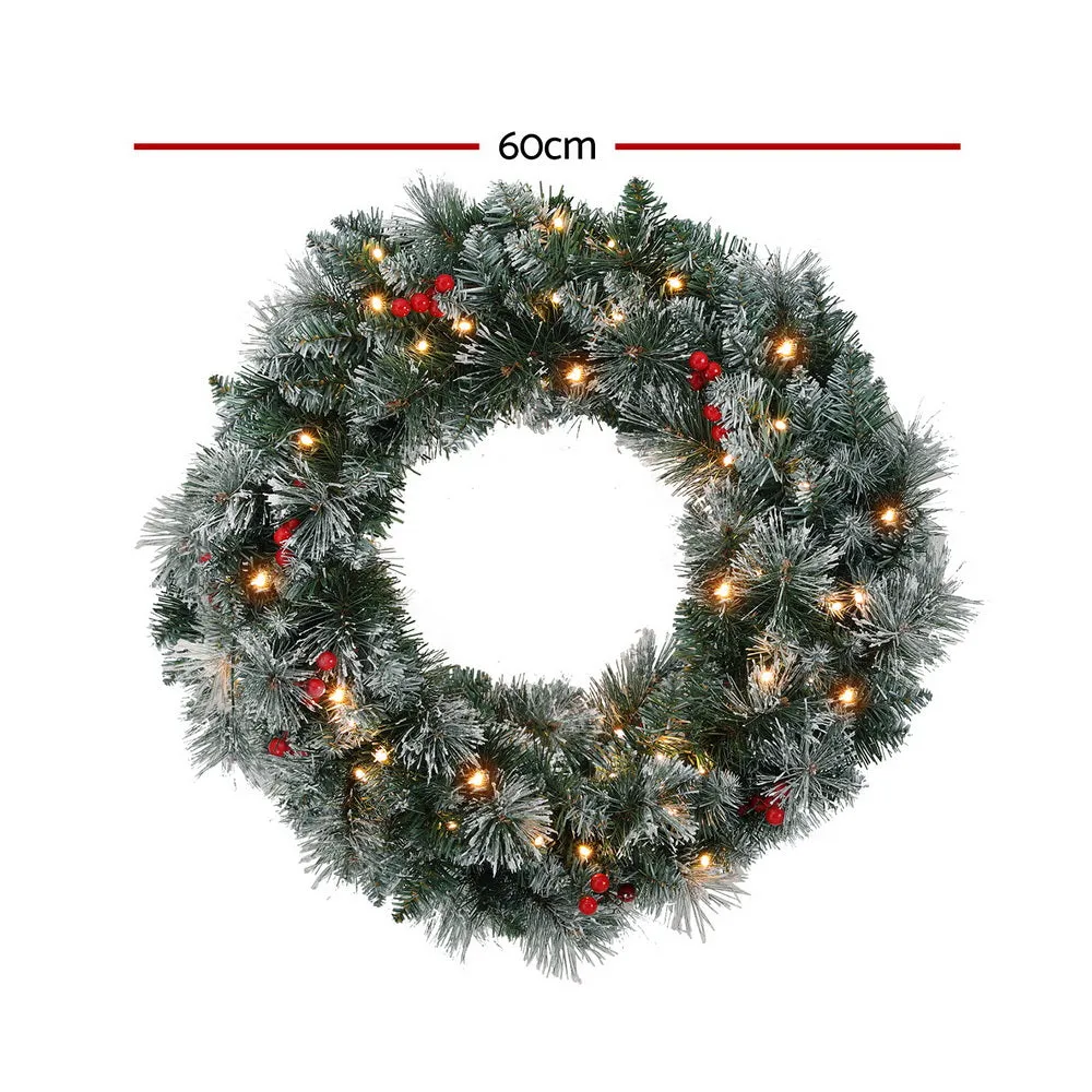 Jingle Jollys 60cm Christmas Wreath LED Lights Snowy Flowers Garland Party Decor