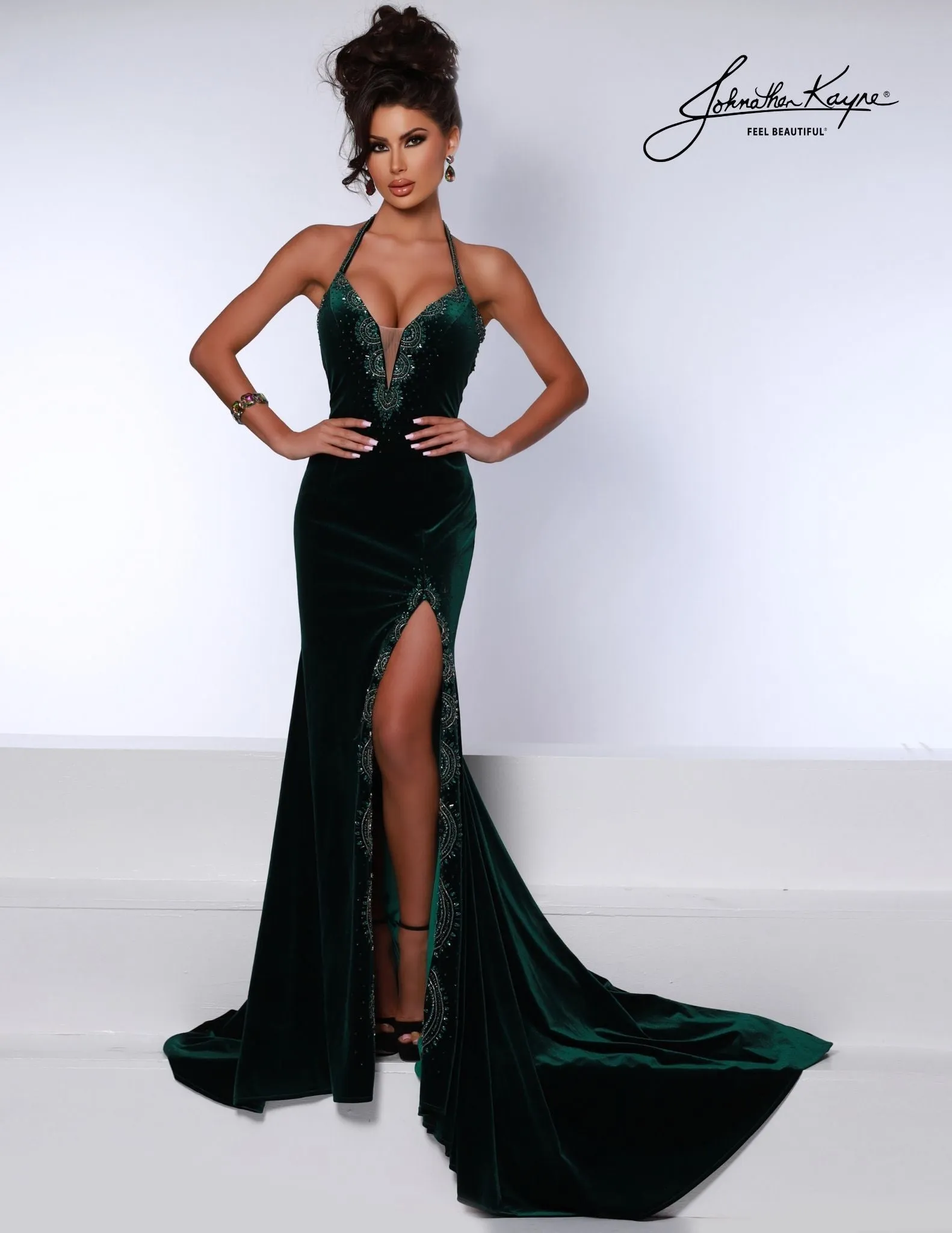 Johnathan Kayne 2737 Plunging neckline velvet evening gown halter straps embellished crystal high slit