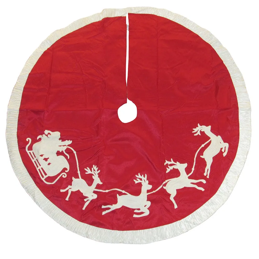 Kurt Adler 50-Inch Red and White Santa Sleigh Embroidered Tree Skirt