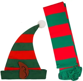 Ladies Christmas Miss Santa Helper Elf Hat with Ears & Red Green Scarf - Xmas Fancy Dress