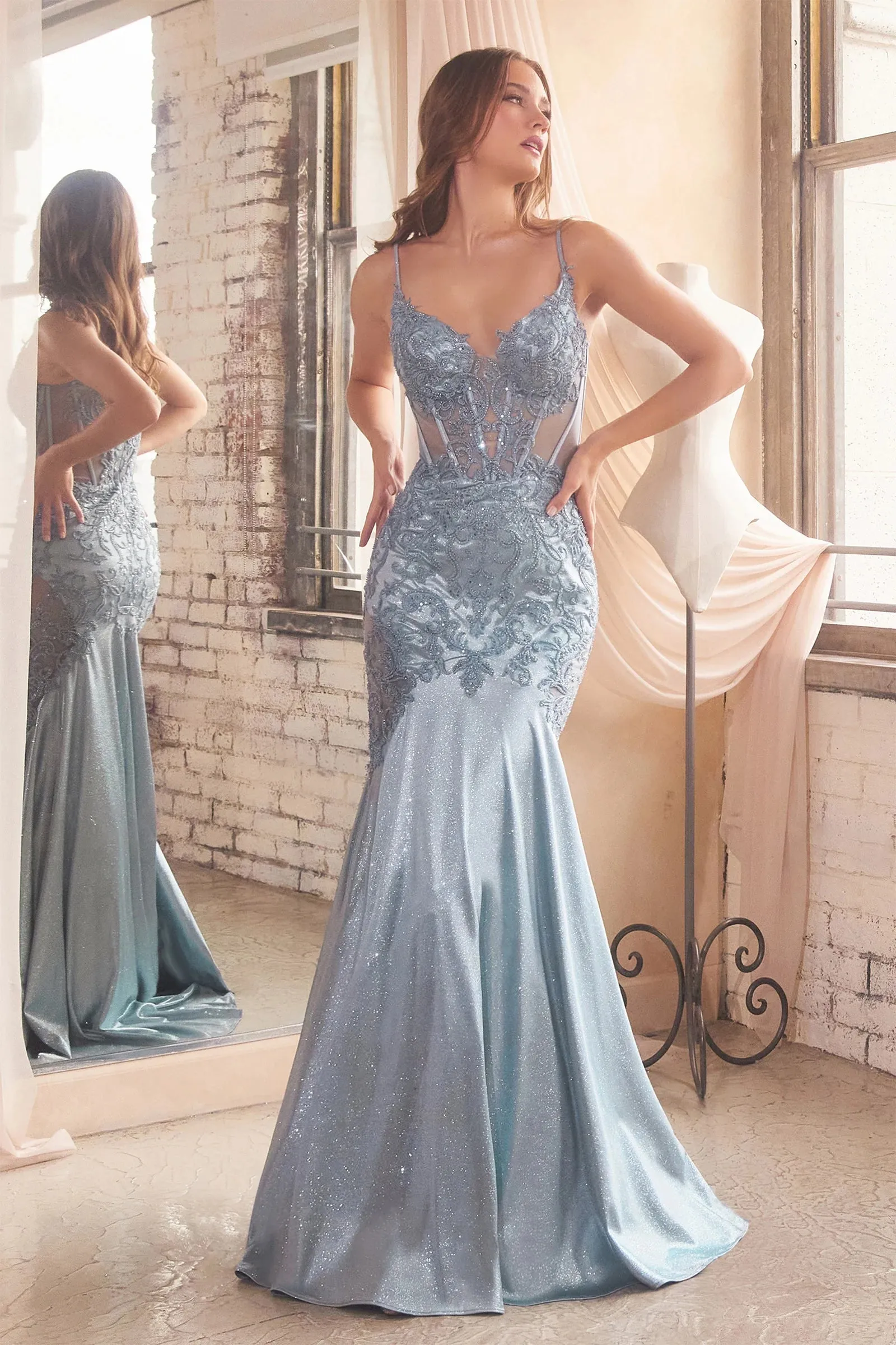 Ladivine - CDS470 - Glitter & Lace Fit and Flare Gown