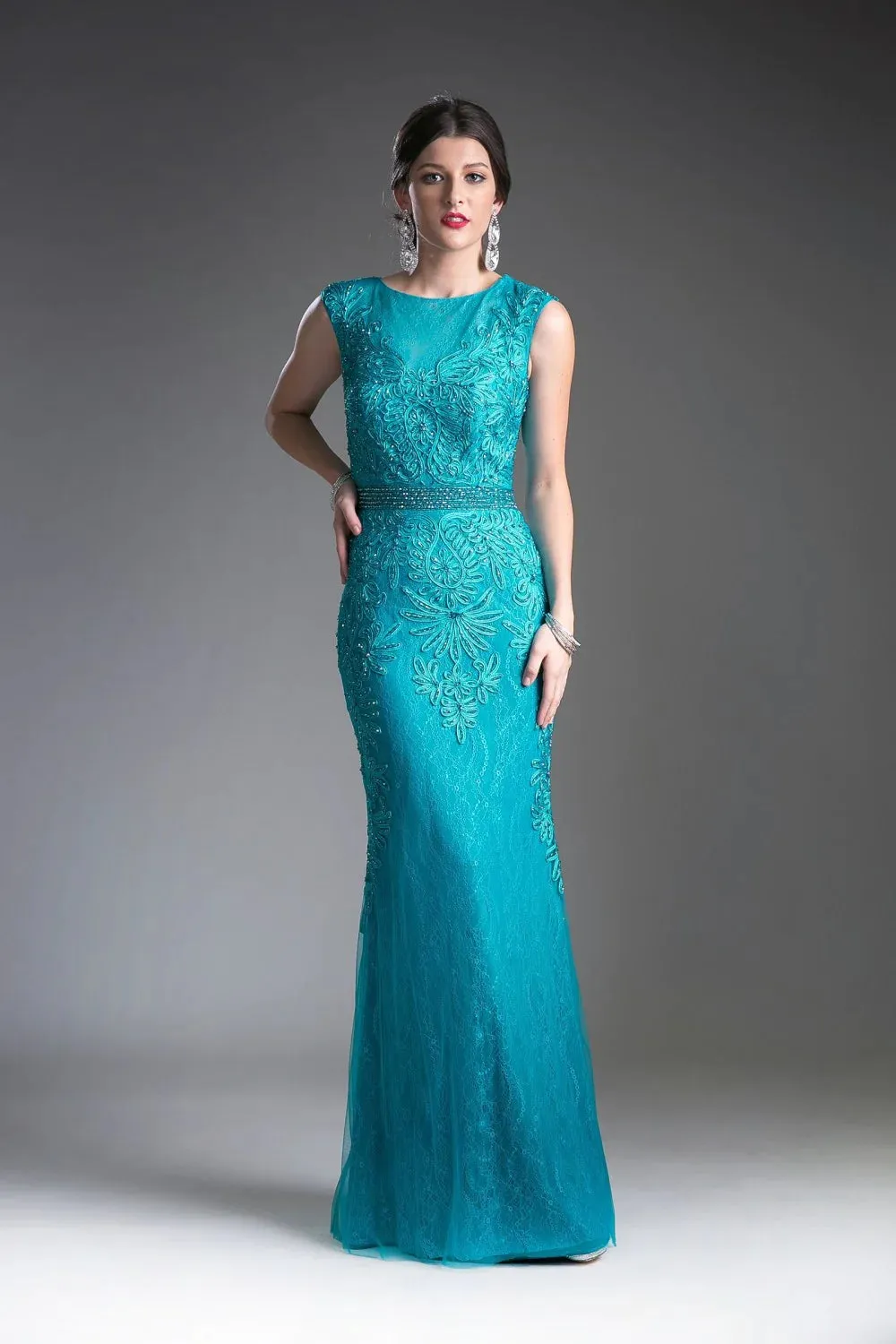 Ladivine KC1736 Size 4 Long Fitted High Neck Beaded Lace Formal Dress High neck Evening Gown