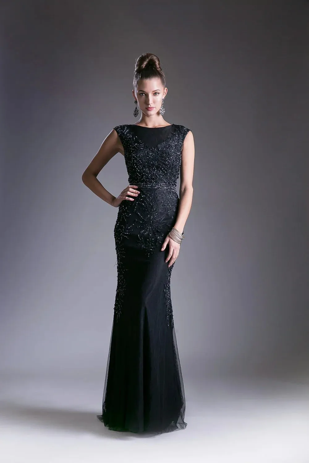 Ladivine KC1736 Size 4 Long Fitted High Neck Beaded Lace Formal Dress High neck Evening Gown