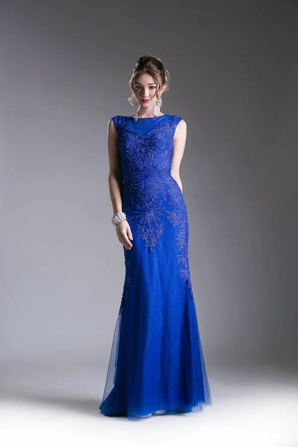 Ladivine KC1736 Size 4 Long Fitted High Neck Beaded Lace Formal Dress High neck Evening Gown