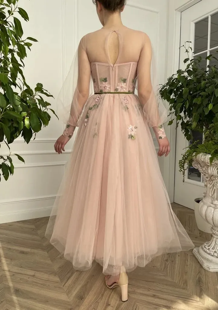 Meilani |A Line Scoop Long Sleeve Tulle Prom Dress with Floral Embroidery