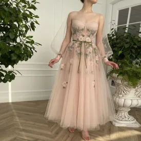 Meilani |A Line Scoop Long Sleeve Tulle Prom Dress with Floral Embroidery