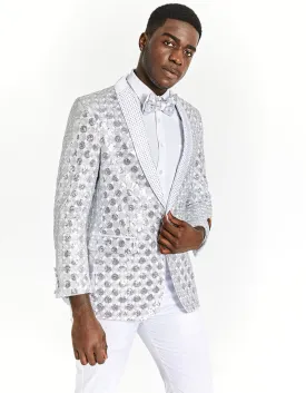 Mens Slim Fit Shiny Silver Sequin Prom Tuxedo Blazer With Rhinestones Designer Prom Tuxedos